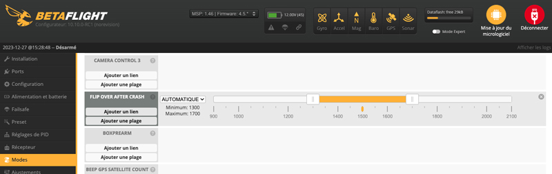 Capture d’écran Betaflight : paramétrage du Flip Over After Crash et Turtle Mode